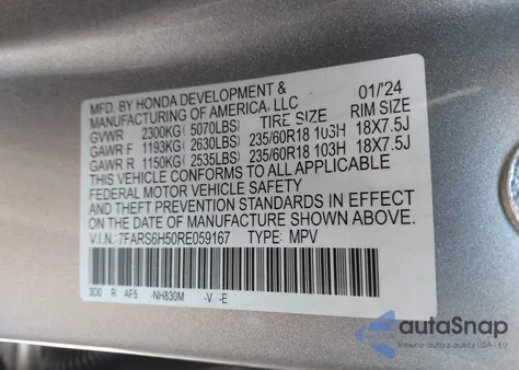 2024 Honda Cr-V Hybrid Sport z USA, uszkodzony, nr VIN 7FARS6H50RE059167